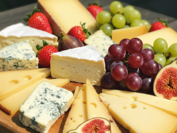 Alt opis: Taca z kolorowymi serami różnego rodzaju, w tym pleśniowymi i dojrzewającymi, otoczona świeżymi owocami takimi jak winogrona, figi, truskawki i mandarynki, udekorowana gałązkami rozmarynu oraz orzechami, na jasnym tle.