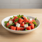 Sałatka z arbuzem, fetą, oliwkami i rukolą na drewnianym blacie, z olejem i miętą.