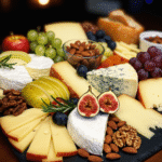 Kreatywna, kolorowa deska serów pełna różnorodnych serów, owoców, orzechów i dodatków, estetycznie ułożona na drewnianej desce, z jasnym tłem i świeżymi ziołami dekoracyjnymi.