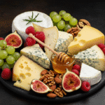 ALT: Kolorowa deska serów z różnorodnymi serami, owocami, orzechami i świeżymi ziołami, pięknie ułożona na drewnianym stole. Na desce znajdują się sery o różnych kształtach i teksturach, a także jagody, winogrona, figi i migdały, które tworzą apetyczny i żywy widok.