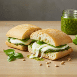 Profesjonalne zdjęcie kanapki ciabatta z mozzarellą i domowym pesto, ukazujące przekrój i świeże składniki.