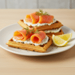 Złote belgijskie gofry z kremowym serem, łososiem i koperkiem na białym talerzu.