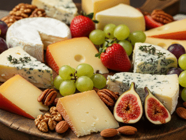 Wizualizacja kolorowej deski serów, na której znajdują się różnorodne kawałki serów w intensywnych kolorach, świeże owoce, orzechy, a także różne dodatki, takie jak oliwki i kawałki chleba, wszystko starannie ułożone na eleganckim tle.