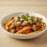 Penne z bakłażanem i parmezanem w białej misce na drewnianym blacie, fotografia kulinarna.