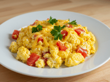 Puszyste jajecznica z serem i pomidorami na białym talerzu, naturalne światło, świeża pietruszka.