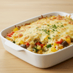 Profesjonalne zdjęcie wegetariańskiego zapiekanki ryżowej z warzywami i roztopionym serem.