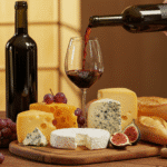 Na obrazku widać kolorowe wino i różnorodne sery, starannie ułożone na drewnianej desce do serwowania. Wina mają intensywne, soczyste kolory, a sery różnią się kształtem i teksturą, w tym miękkie brie, twardy parmezan oraz ser pleśniowy. Obok znajdują się elegancko ułożone owoce, orzechy i świeże zioła, które dodają całości apetycznego wyglądu. Tło jest subtelne, co podkreśla bogactwo barw potraw.