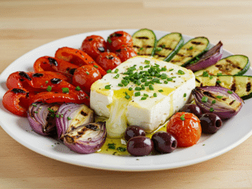 Profesjonalne zdjęcie śródziemnomorskich grillowanych warzyw z fetą na jasnym drewnianym blacie.