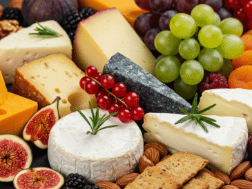 Alt: Wibrująca deska serów z różnorodnymi serami, owocami, orzechami oraz suszonymi owocami, udekorowana świeżymi ziołami na rustykalnym drewnianym tle.