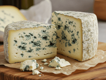 Bliski kadr świeżego kawałka niebieskiego sera na rustykalnej desce do krojenia, z widocznymi niebiesko-zielonymi żyłkami pleśni. Ser wygląda na wilgotny i kremowy, z naturalną skórką, wokół niego widać kilka okruchów sera. Tło to lekko rozmyty kuchenny blat z subtelnymi elementami, takimi jak owinięty w papier ser i nóż do sera, co sugeruje odpowiednie przechowywanie. Oświetlenie jest ciepłe i naturalne, podkreślające tekstury i kolory sera.