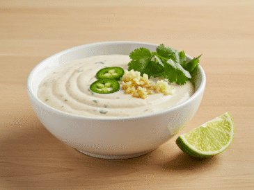 Sos do tortilli w miseczce, otoczony świeżymi składnikami, takimi jak pomidory, awokado, cebula i trawa cytrynowa, z delikatnym dymkiem w tle.