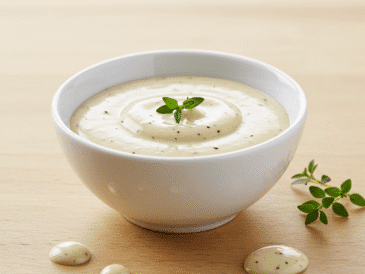 Sos pieprzowy w małej miseczce, otoczony świeżymi ziołami i przyprawami, z widocznymi ziarnami pieprzu oraz kremową konsystencją, podany na drewnianym blacie.