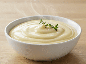 Opis ALT: Kremowy sos z serka topionego podany w małej miseczce, udekorowany świeżymi ziołami, z dodatkiem przypraw, na tle kolorowych warzyw i chrzanu.